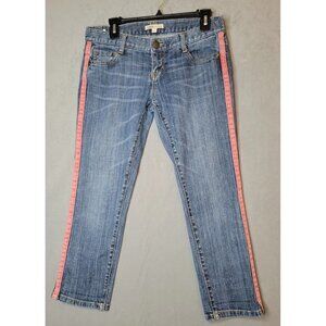 Cabi Womens Jeans Size 4 #54077 Johnny Crop Blue Denim With Tuxedo Red Pinstripe